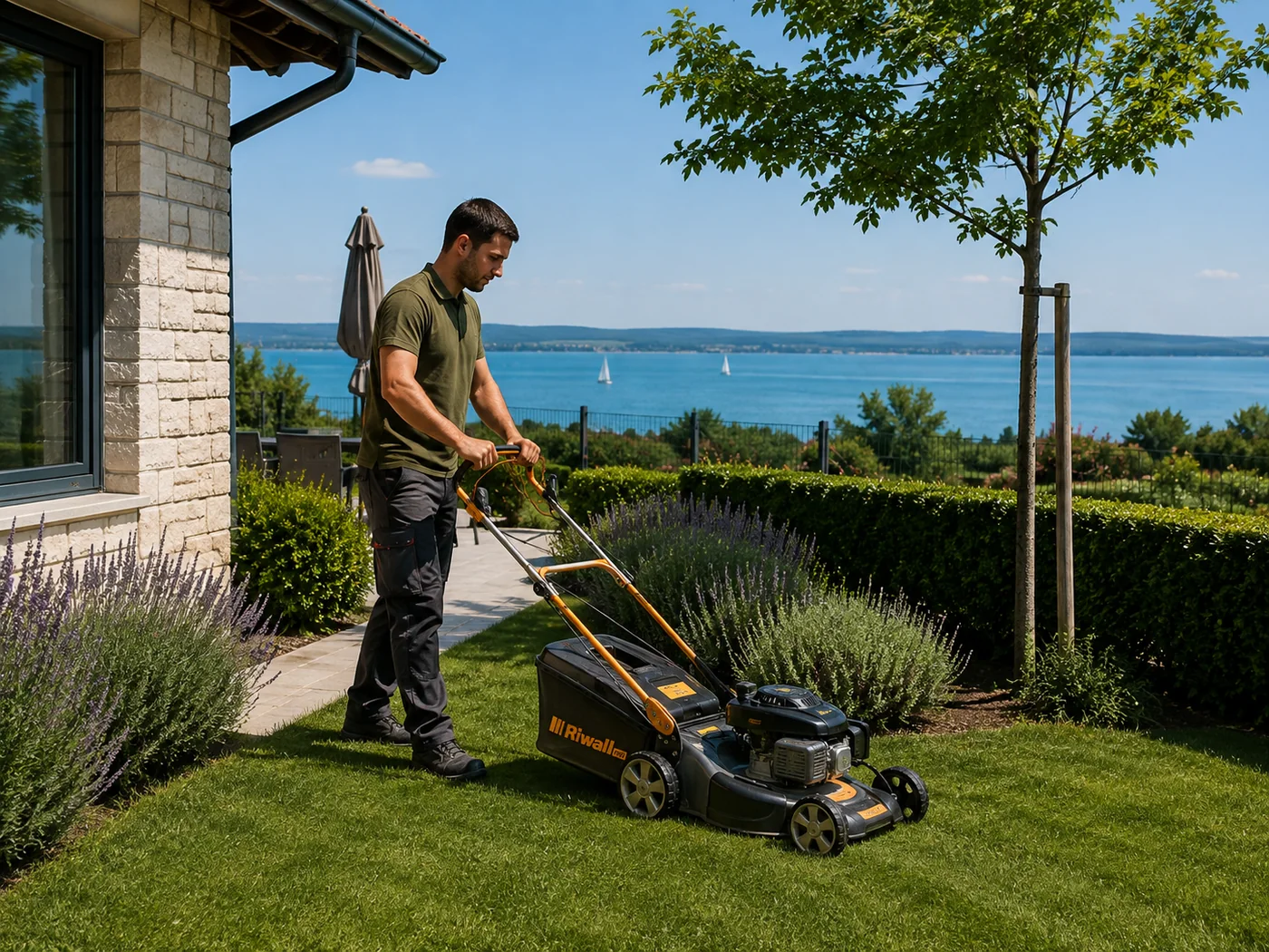 BalatonCare munkatárs kertgondozás közben egy balatoni ingatlannál