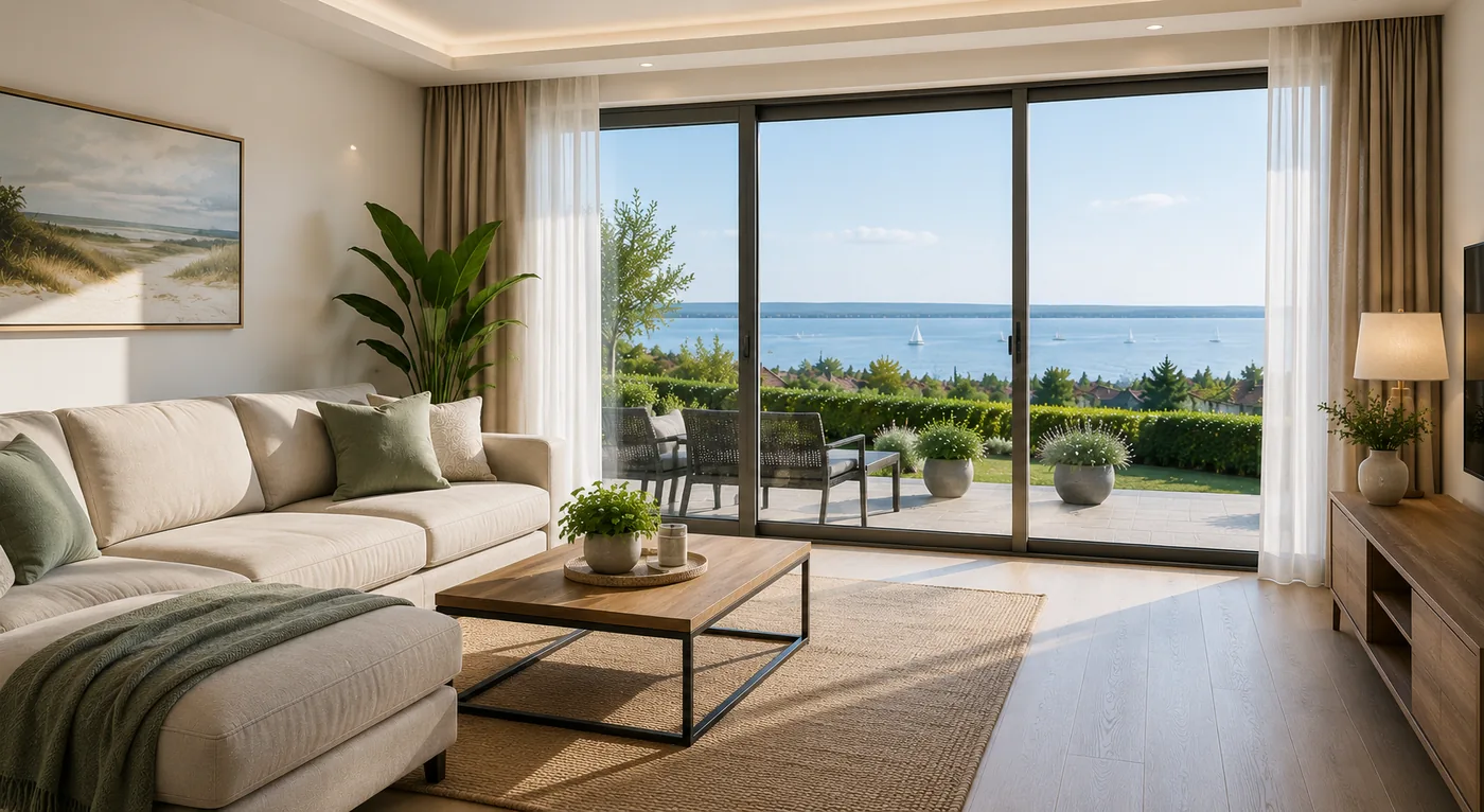 Tiszta, rendezett balatoni apartman nappalija Balatonfüreden